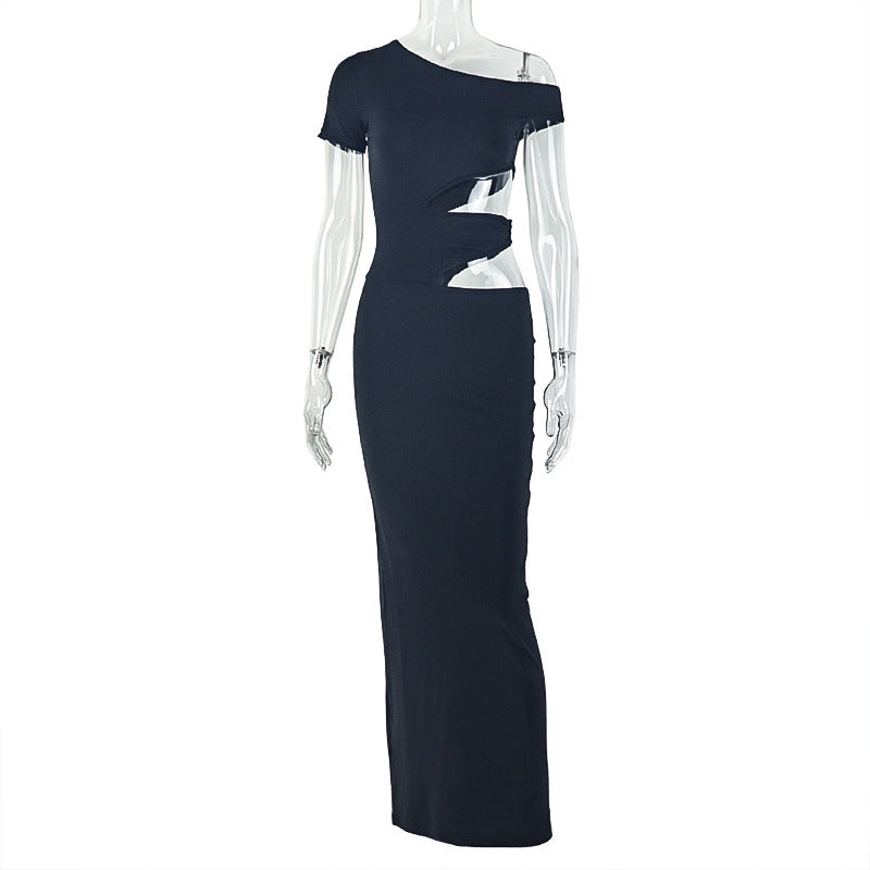 Solid Color Elegant Women Sheath Slim Fit One Step Dress Hollow Out Cutout Asymmetric Dress Evening Party Dress by Ragazza