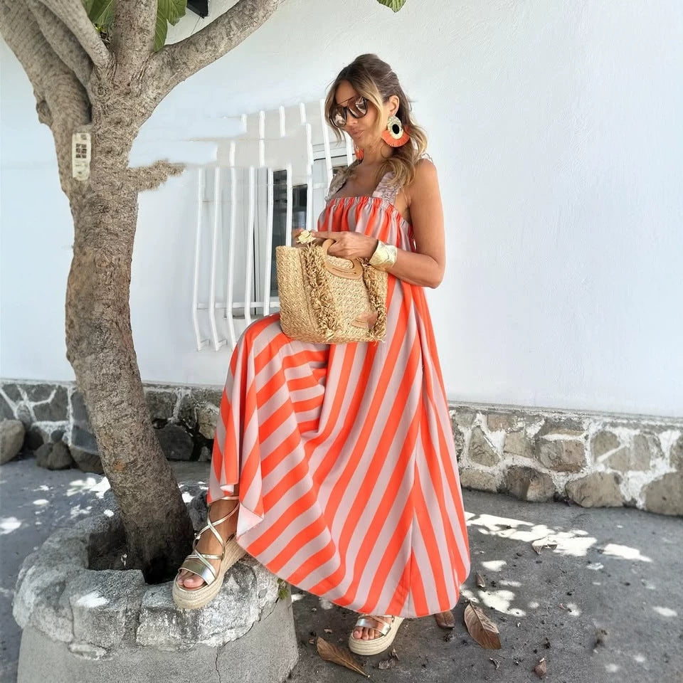 Striped Print Loose A Hem Color Matching Sling Maxi Dress  DestGlow