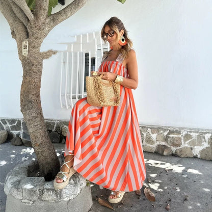 Striped Print Loose A Hem Color Matching Sling Maxi Dress  DestGlow