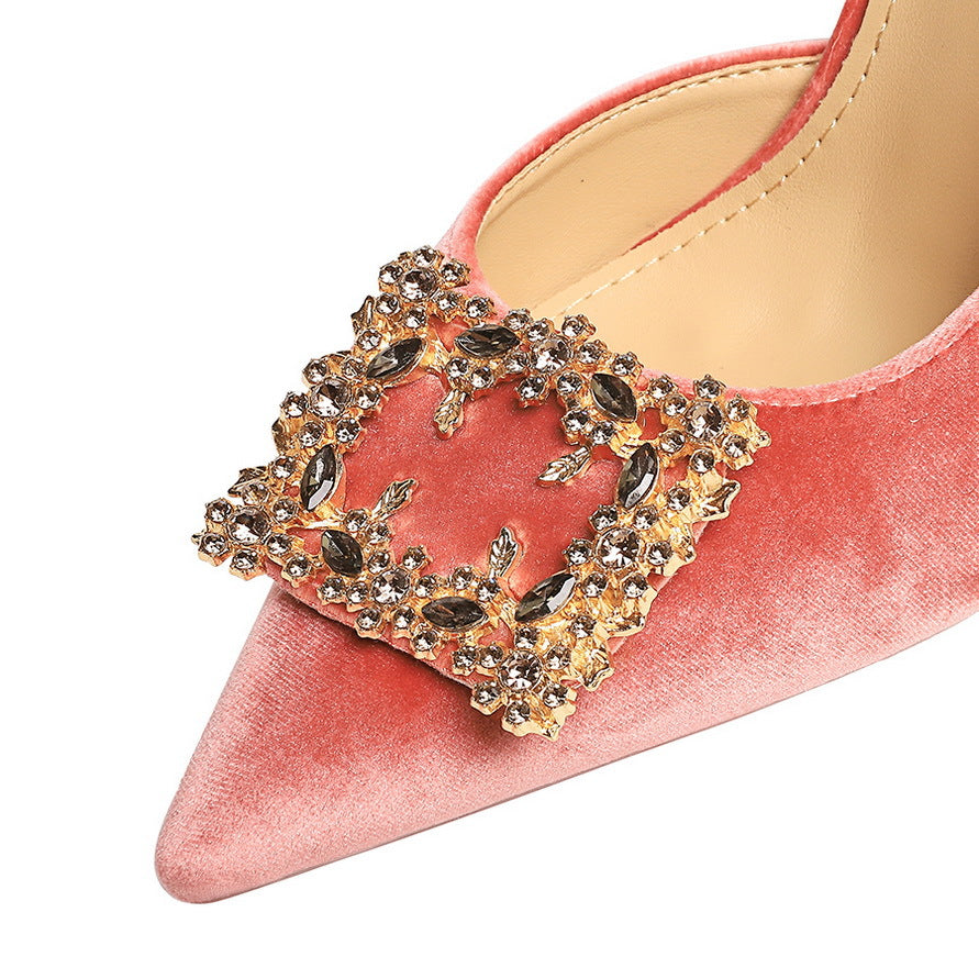 Korean Suede Side Empty Shoes Women Super High Heel Sexy Pointed Toe Rhinestone Square Buckle Stiletto Women Shoes  DestGlow
