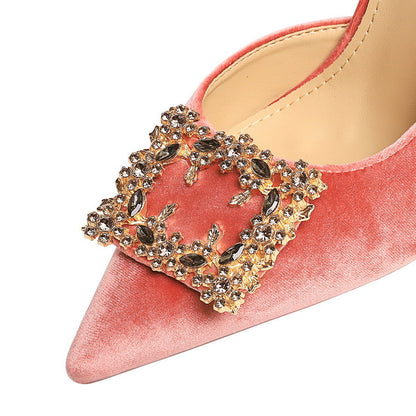 Korean Suede Side Empty Shoes Women Super High Heel Sexy Pointed Toe Rhinestone Square Buckle Stiletto Women Shoes  DestGlow