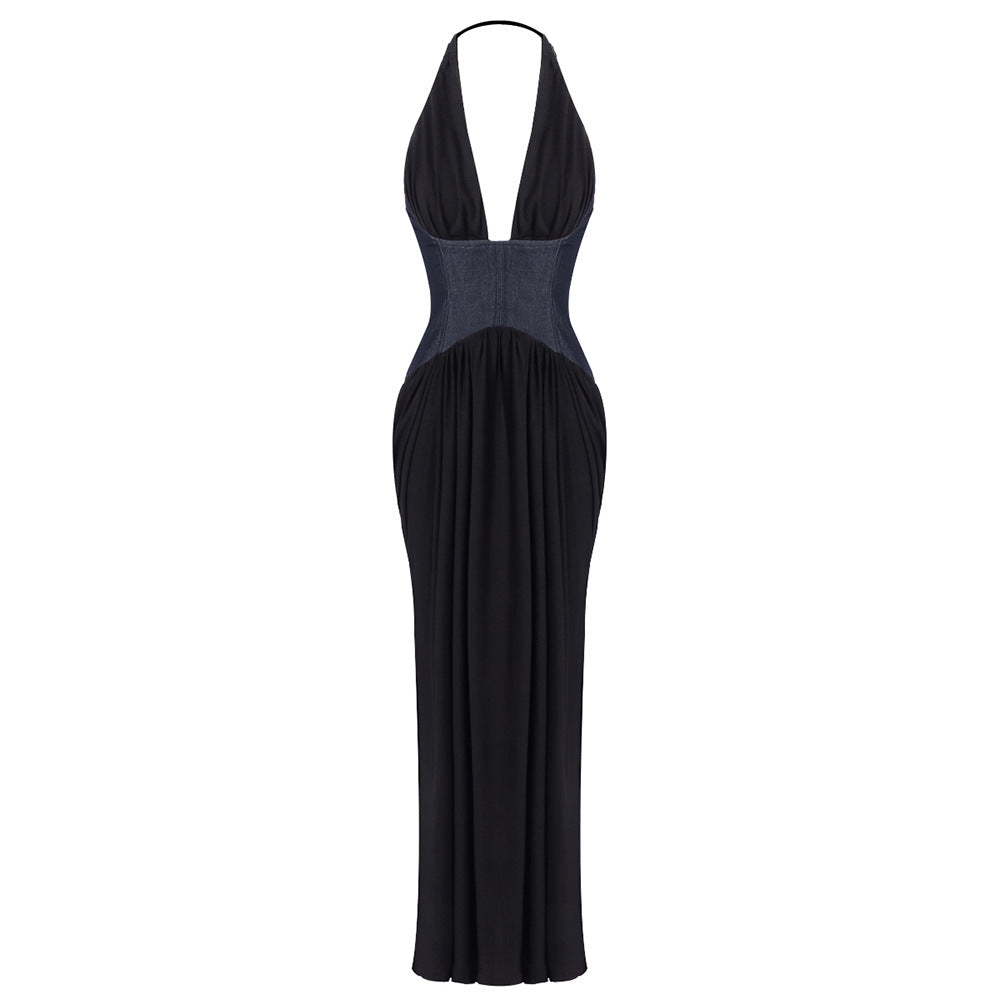 Halter Deep V Plunge Black Dress Denim Drawstring Slim Fit Maxi Drape Party Dress  DestGlow