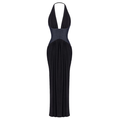 Halter Deep V Plunge Black Dress Denim Drawstring Slim Fit Maxi Drape Party Dress  DestGlow