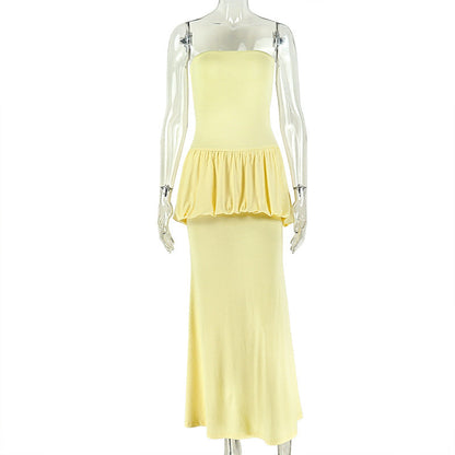 Solid Color Women Clothing Personalized Design Pleated Hip Tube Top off Neck Backless Slim Fit Dress  DestGlow
