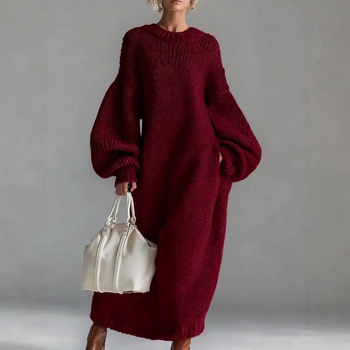 Women Stand Alone round Neck Loose Lantern Sleeve Long Knitted Sweater Dress  DestGlow