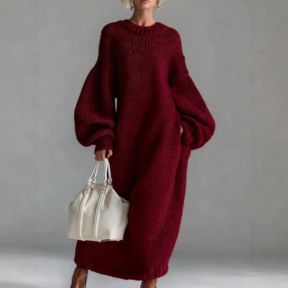 Women Stand Alone round Neck Loose Lantern Sleeve Long Knitted Sweater Dress  DestGlow
