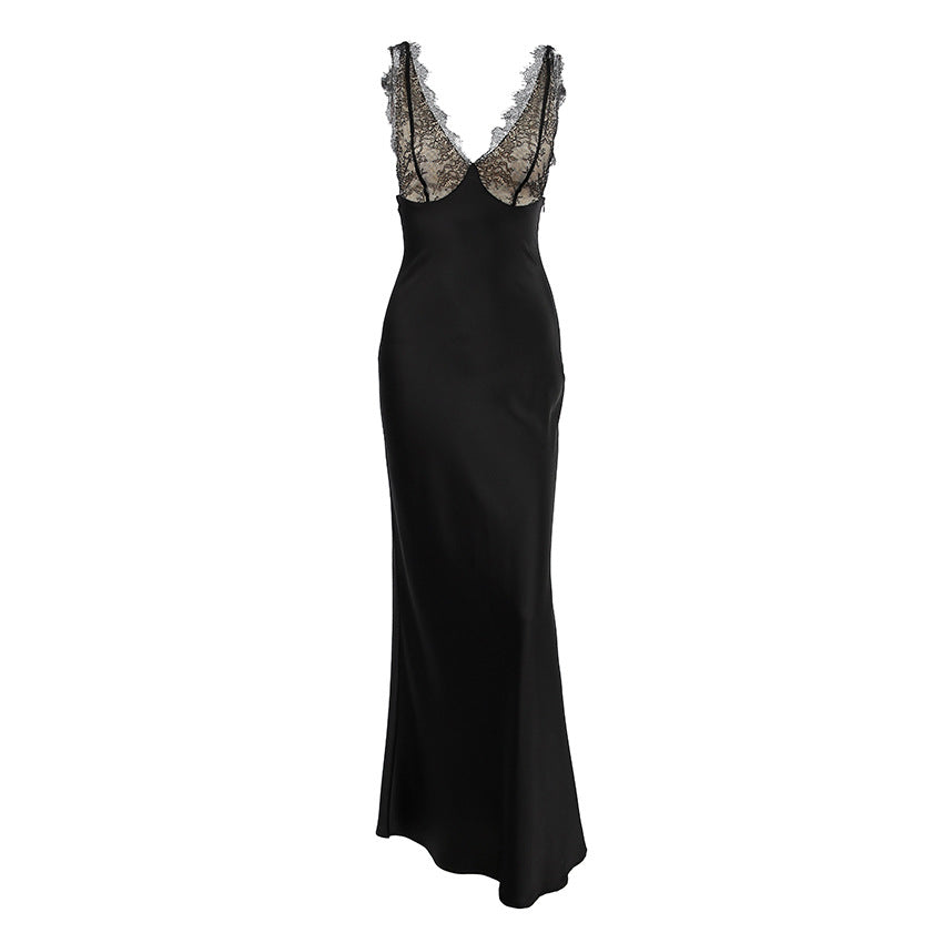 Summer Sexy V neck Lace Stitching Satin Dress Women Slim Fit Maxi Dress by Ragazza