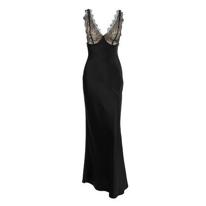 Summer Sexy V neck Lace Stitching Satin Dress Women Slim Fit Maxi Dress by Ragazza