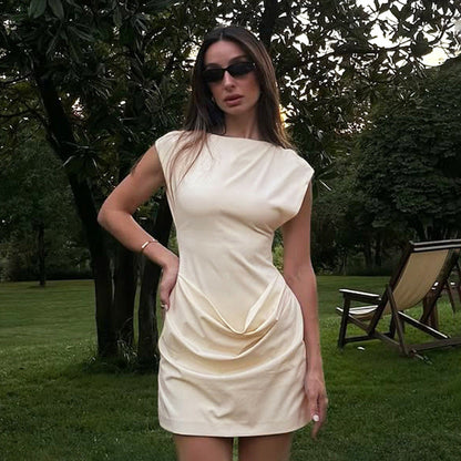 Women Clothing Spring Solid Color Slim round Neck Drop Shoulder Sleeveless Stitching Pinch Pleated Short Dress by Ragazza