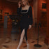 Design Diamond Square Collar Dress Women Elegant Long Sleeve Waist Tight Slit Sheath Dress by Ragazza
