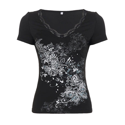 Retro Sexy Dark Printed Lace V neck Top Women Street Sexy Short Sleeve T shirt by Ragazza