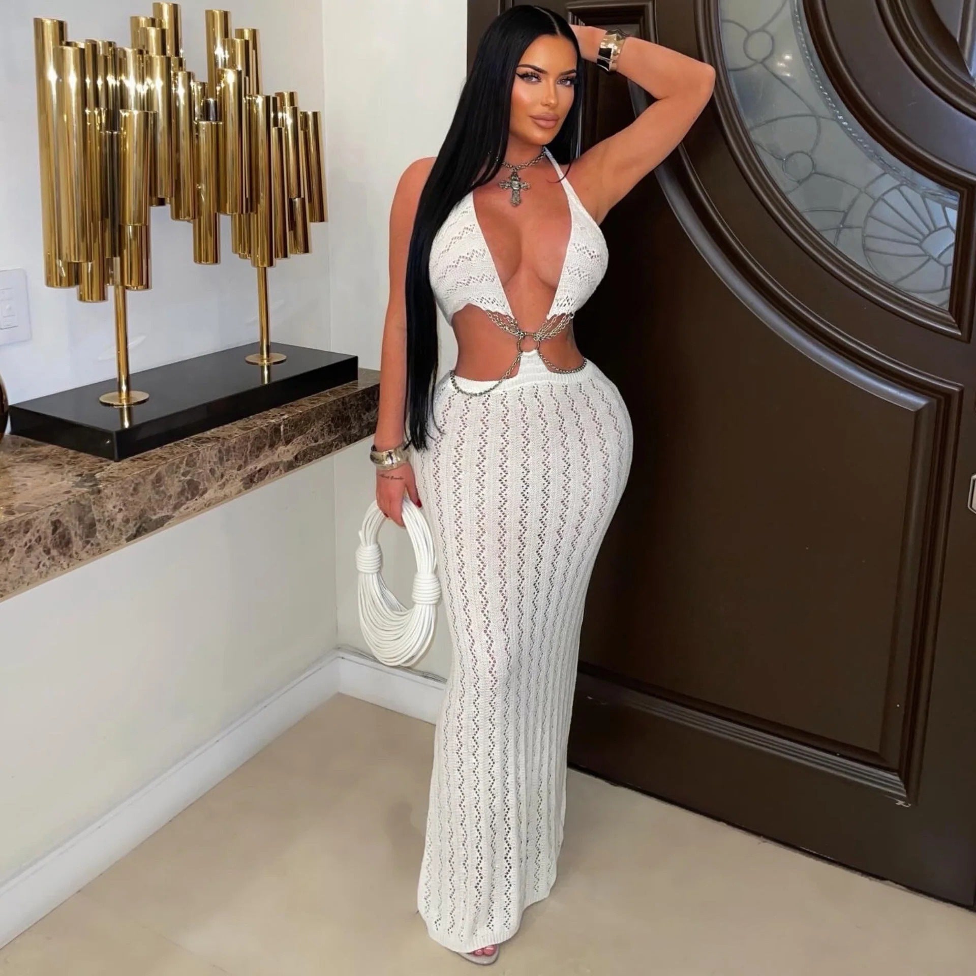 Beach Holiday Hollow Out Cutout out Knitted Halter Dress Deep V Plunge Chain Backless Long Blouse Women Clothing  DestGlow