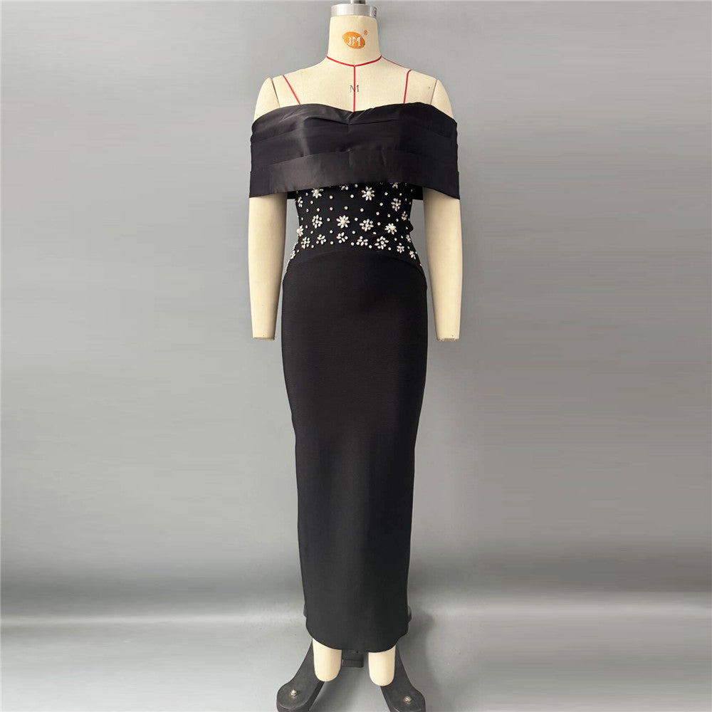 Elegant Slim Fit off Neck Splicing Beads Diamond Embedded Bandage One Piece Dress Party Gathering Dress Group by Ragazza