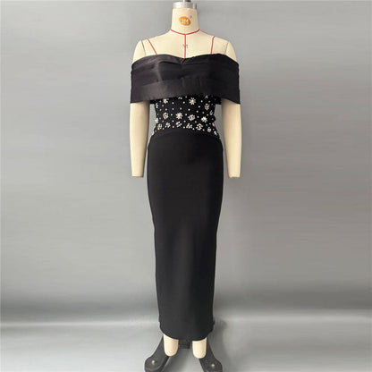 Elegant Slim Fit off Neck Splicing Beads Diamond Embedded Bandage One Piece Dress Party Gathering Dress Group by Ragazza