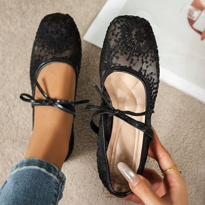 Arrival French Bow Mesh Shallow Mouth Pumps Women Mesh Square Toe Mary Jane Ballet Low Top Boat Shoes  DestGlow