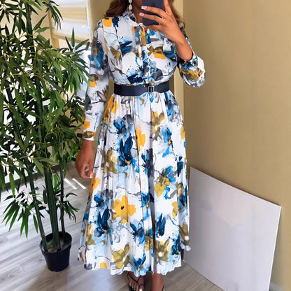 V neck Printed Waist-Controlled Casual Vacation Elegant Long Sleeve A line Dress （Without Belt） by Ragazza
