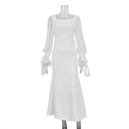 French Square Collar Stitching Mesh Micro Transparent Flared Sleeve Waist Slimming Solid Color Fishtail Dress by Ragazza