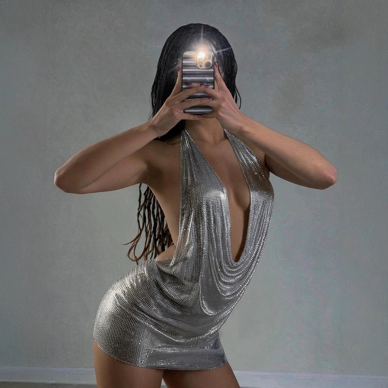 Electronic Music Festival Sexy Glossy Swing Collar Halter Backless Strap Aluminum Sheet Dress  DestGlow