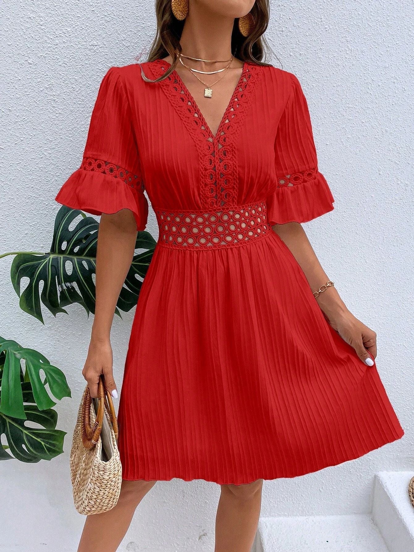 Women Clothing Summer Patchwork Lace V Neck Tight Waist Solid Color Dress by Ragazza