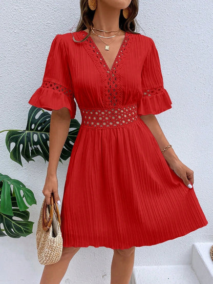 Women Clothing Summer Patchwork Lace V Neck Tight Waist Solid Color Dress by Ragazza
