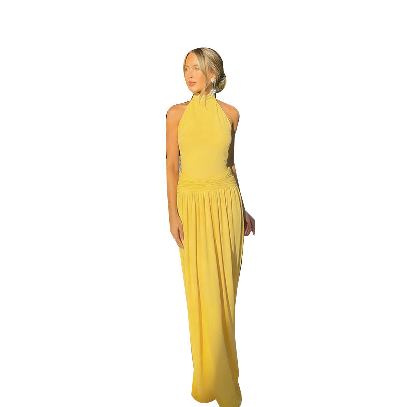 Summer Women Clothing Halter Backless Sleeveless Draping Effect Solid Color Dress by Ragazza