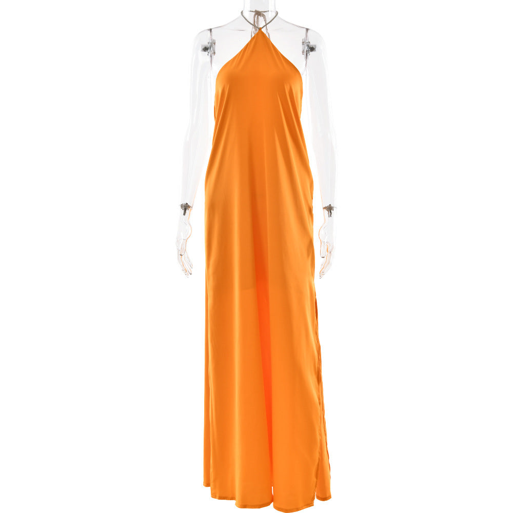 Arrival Advanced Satin Halter Dress Sexy Backless Solid Color Split Slim Fit Maxi Dress by Ragazza