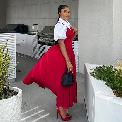 Women Clothing Autumn Elegant Bubble Sleeve Women Shirt Collar High Waist Slimming Dress Faux Two Pieces by Ragazza