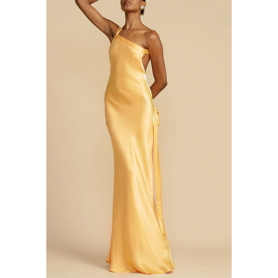 Spring Summer Party Slim Fit Oblique Shoulder Dress Casual Satin Dress by Ragazza
