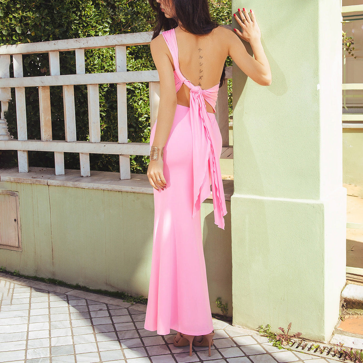 Summer Vacation Dignified Goddess Dress Sexy Backless Lace up Oblique One Shoulder Maxi Dress  DestGlow