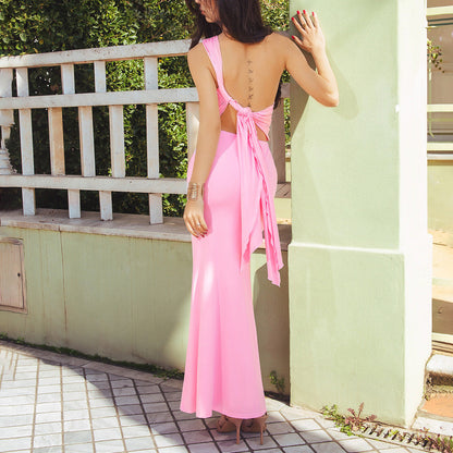Summer Vacation Dignified Goddess Dress Sexy Backless Lace up Oblique One Shoulder Maxi Dress  DestGlow