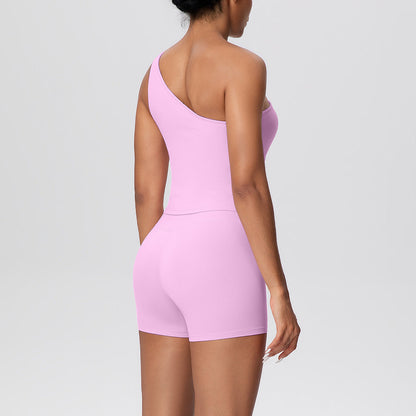 Women Solid Color Oblique Shoulder Strap Beauty Back Exercise Vest Yoga Pants Running Slim Shorts Fitness Yoga Wear Set by Ragazza