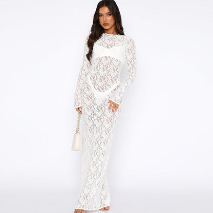 Women Clothing Spring Summer Solid Color Lace See through Long Sleeve Mid Length Dress by Ragazza
