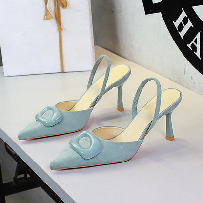 French Office Square Buckle Pointed Toe Suede Small Clear Back Empty Strap Stiletto Heel Women Shoes  DestGlow