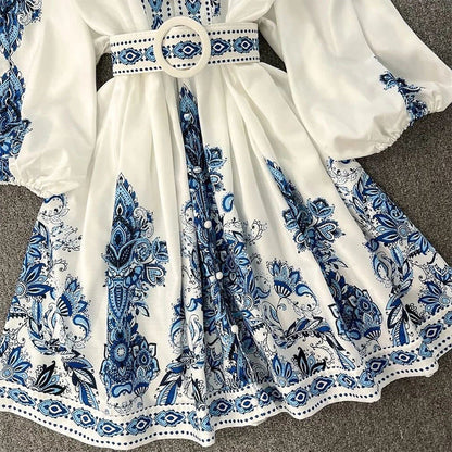 Spring Women Fashionable V neck Long Sleeve Bohemian Printed Dress by Ragazza