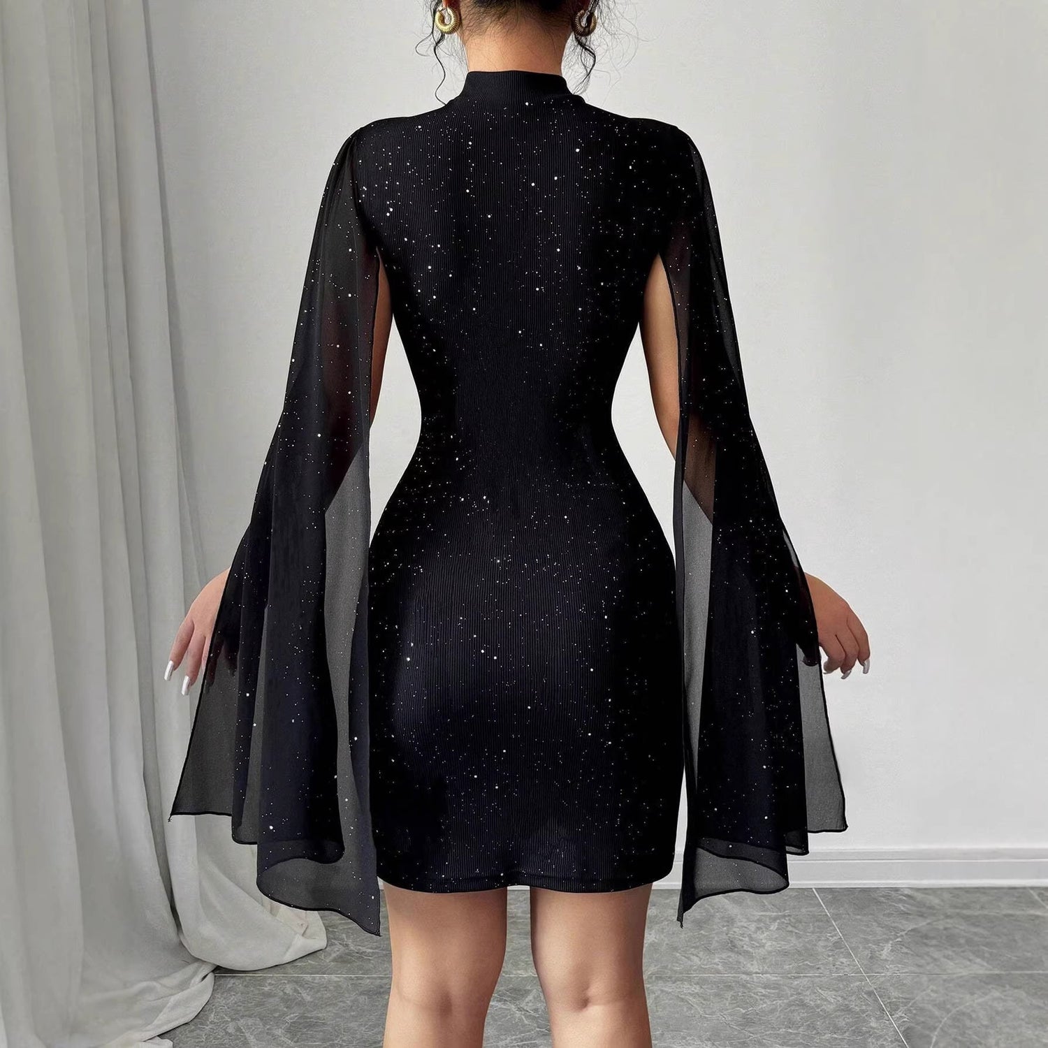 Women Clothing round Neck Sunken Stripe Pearl Chiffon Cape Sheath Dress for Women  DestGlow