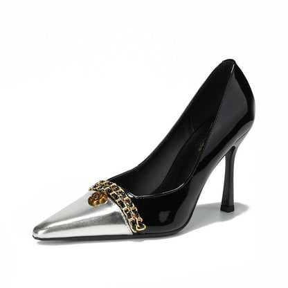 Design Color Matching Metal Chain Super High Heels Stiletto Pointed Toe Camellia Chanel Shoes  DestGlow