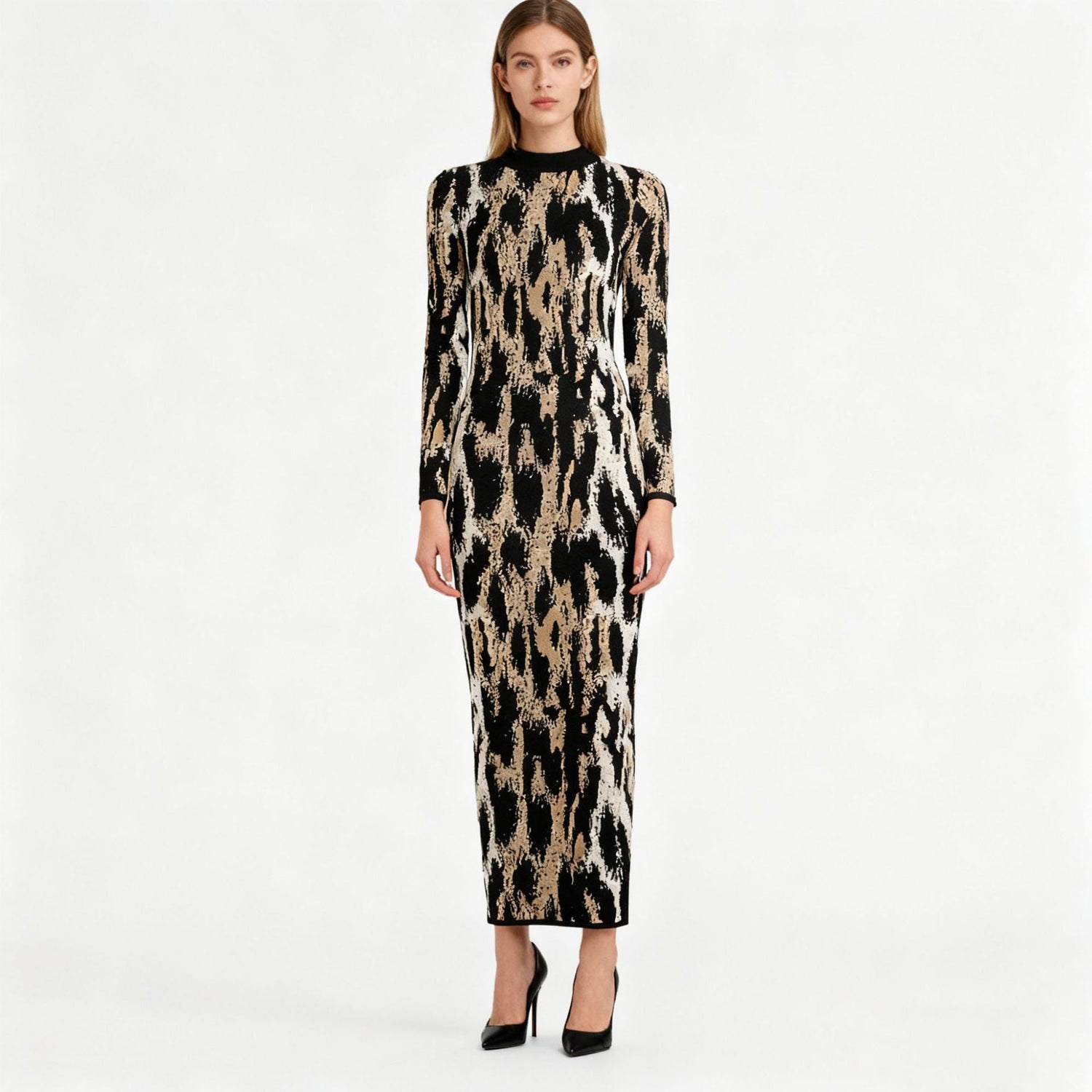 Elegant Maxi Dress Autumn Winter Vintage Leopard Print round Neck Long Sleeve Slim Dress by Ragazza