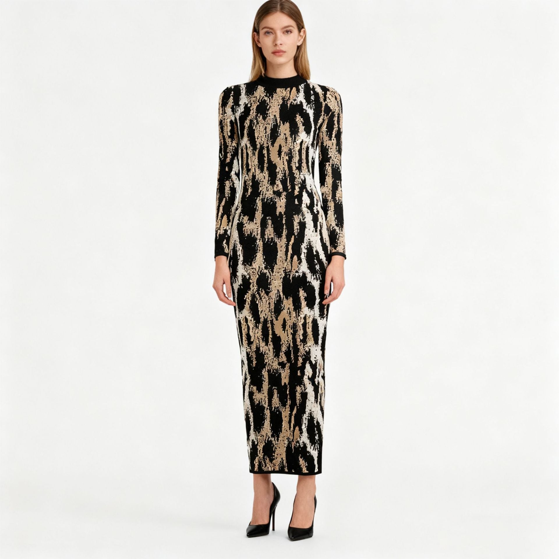 Elegant Maxi Dress Autumn Winter Vintage Leopard Print round Neck Long Sleeve Slim Dress by Ragazza