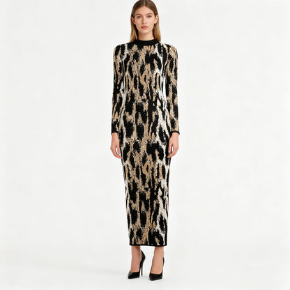 Elegant Maxi Dress Autumn Winter Vintage Leopard Print round Neck Long Sleeve Slim Dress by Ragazza