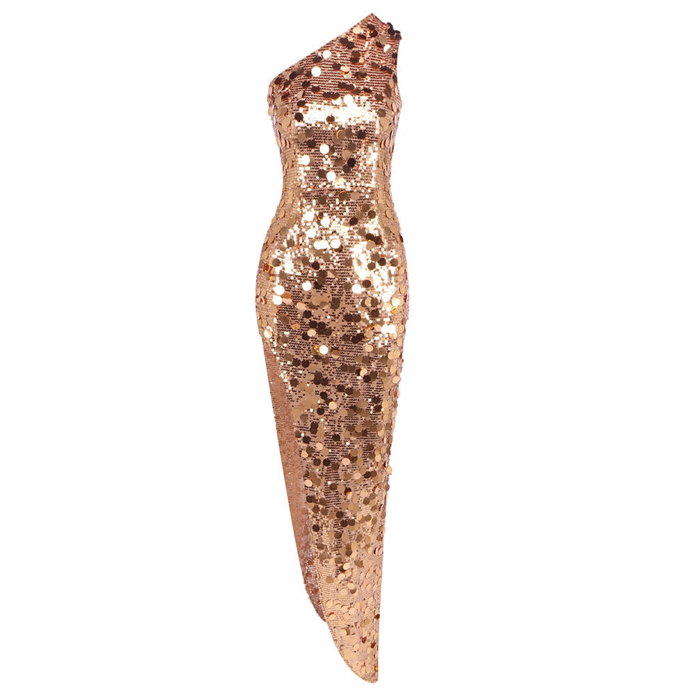 Heavy Industry Golden Sequined One Shoulder Party Sexy Slim Dress Visual