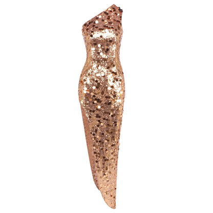 Heavy Industry Golden Sequined One Shoulder Party Sexy Slim Dress Visual