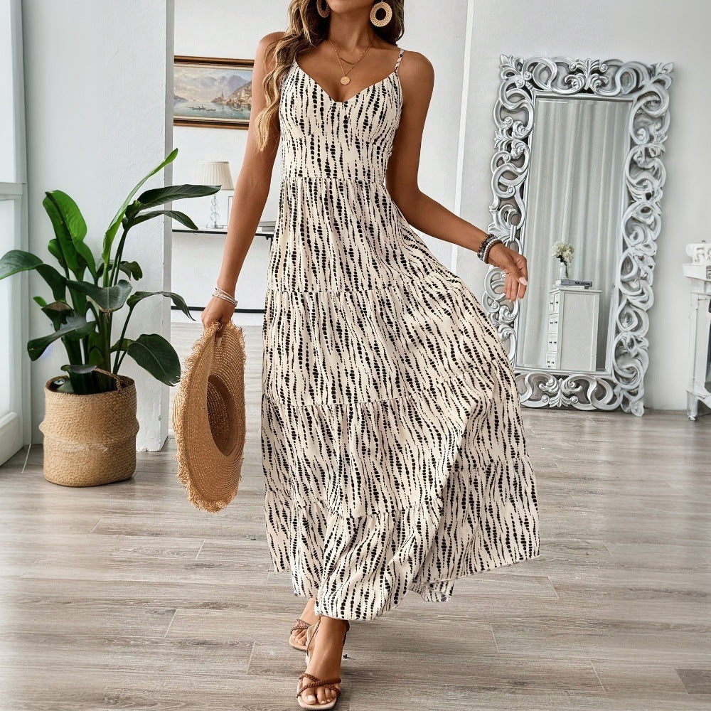 Women Clothing Vacation Sling Dress Spring Summer Irregular Asymmetric Striped Design Dress by Ragazza