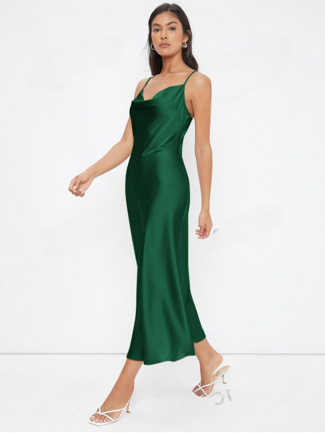 Women Clothing Spring Summer Satin Sling Deep V Plunge neck Slim Solid Color Dress by Ragazza