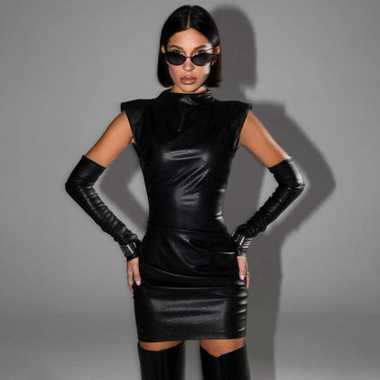 Women Clothing Street Hipster Faux Leather Stand Collar Sleeveless Oversleeve Sheath Pleated Dress by Ragazza