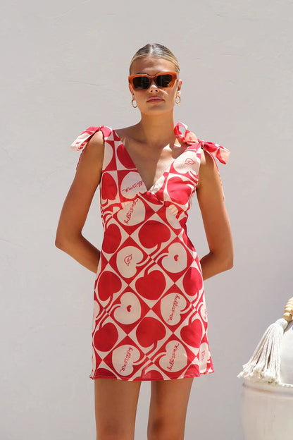 Summer Dress Printed V neck Lace up Mini Sling Dress by Ragazza