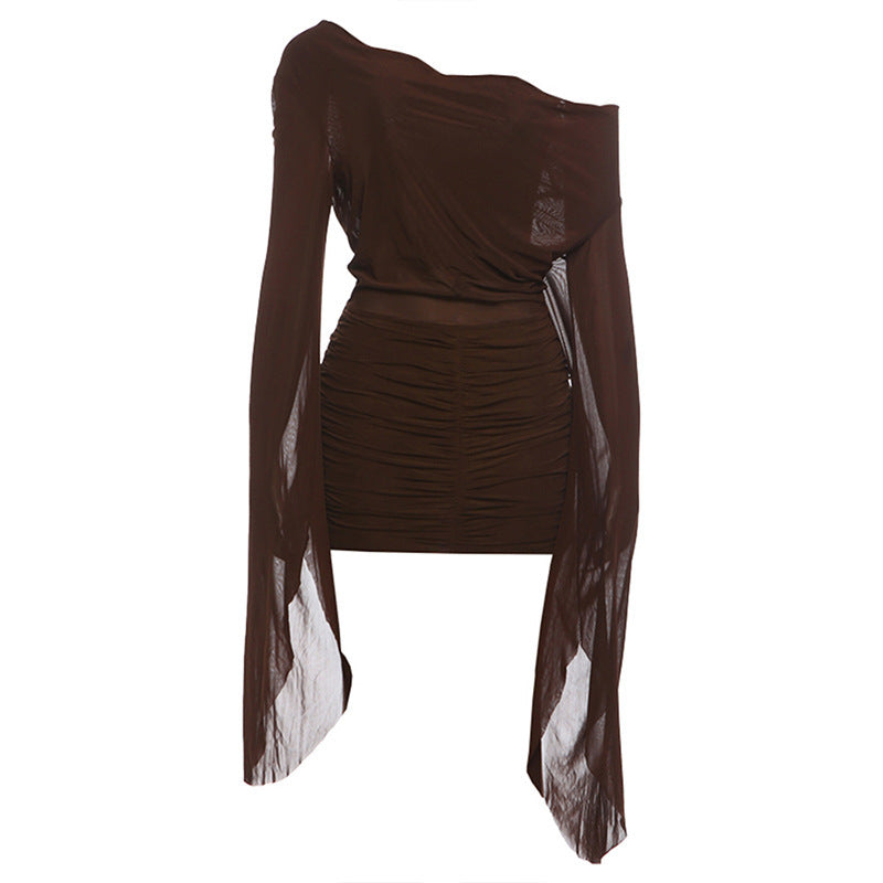 Summer Women Sexy Swing Collar Asymmetric Mesh Pleats Hip Dress  DestGlow