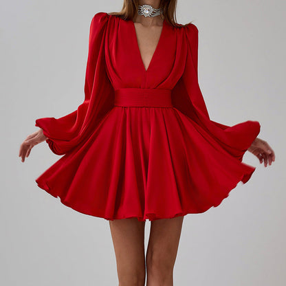 French Pleated Dress Women Puff Sleeve V neck Waist Seal Slimming Satin A line Dress by Ragazza