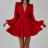 French Pleated Dress Women Puff Sleeve V neck Waist Seal Slimming Satin A line Dress by Ragazza