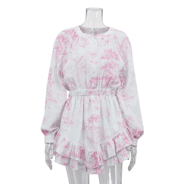 Autumn Cotton Champray Printed Casual Dress Women round Neck Long Sleeve Ruffles A line Dress by Ragazza