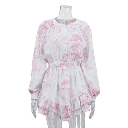 Autumn Cotton Champray Printed Casual Dress Women round Neck Long Sleeve Ruffles A line Dress by Ragazza